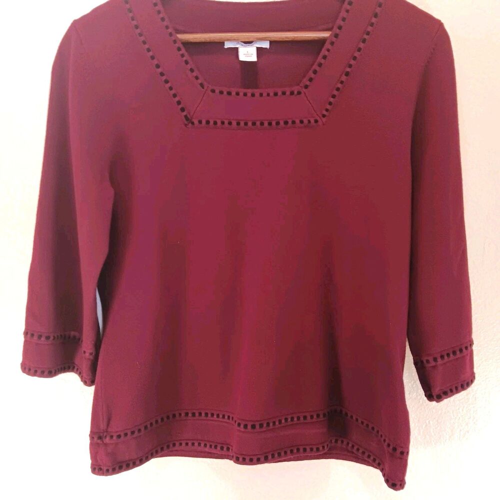 Dressbarn Burgundy Square Neck Sweater 3/4 Sleeve Whipstitch Trim Size L Rayon